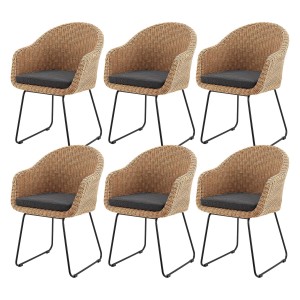 6er Set Juskys Gartenstühle Cody aus Rattan mit schwarzen Eisenbeinen und grauen Sitzkissen.