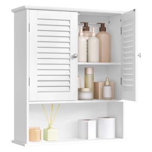 Weißer Songmics Badezimmerschrank Saggio mit Lamellentüren und offenem Fach. Bad-Wandregal mit Inhalt.