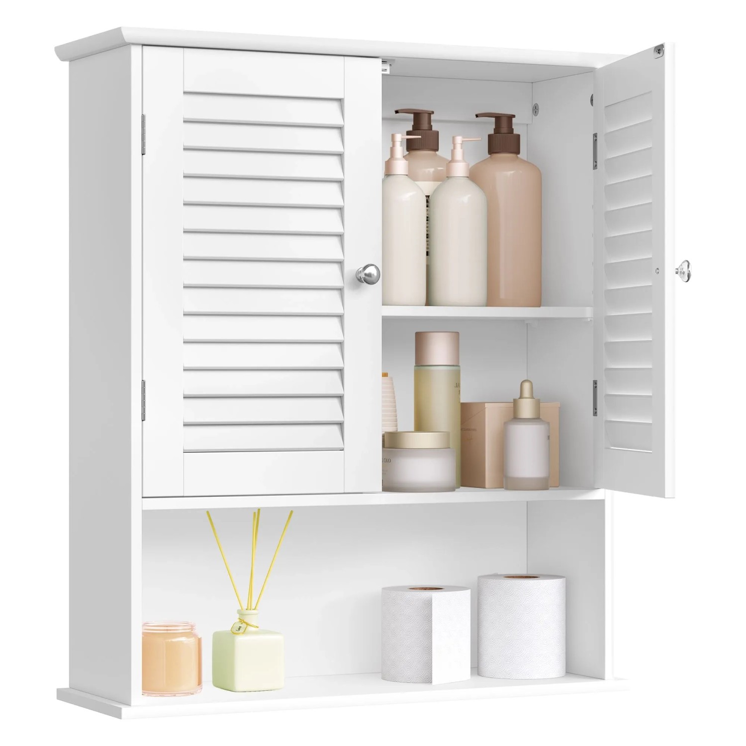 Songmics Badezimmerschrank Saggio mit Lamellentüren und Offenem Fach Weiß günstig online kaufen