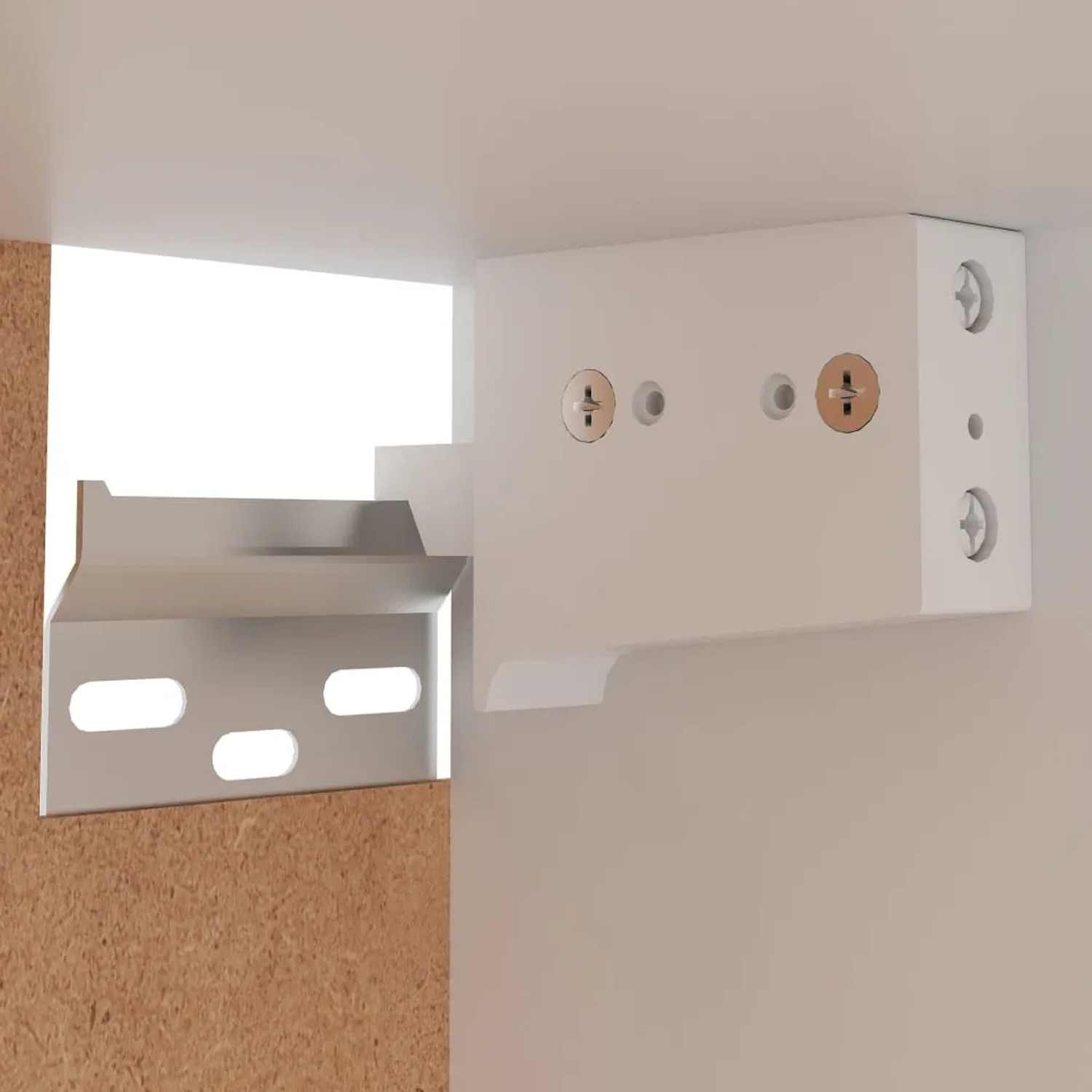Detailaufnahme der Montage eines weißen Hängeschranks aus Holzwerkstoff.
