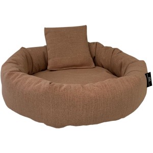 Rohrschneider Kuschelinsel Blue Gr. M Rose, ein braunes, rundes Hundekissen mit Kissen.