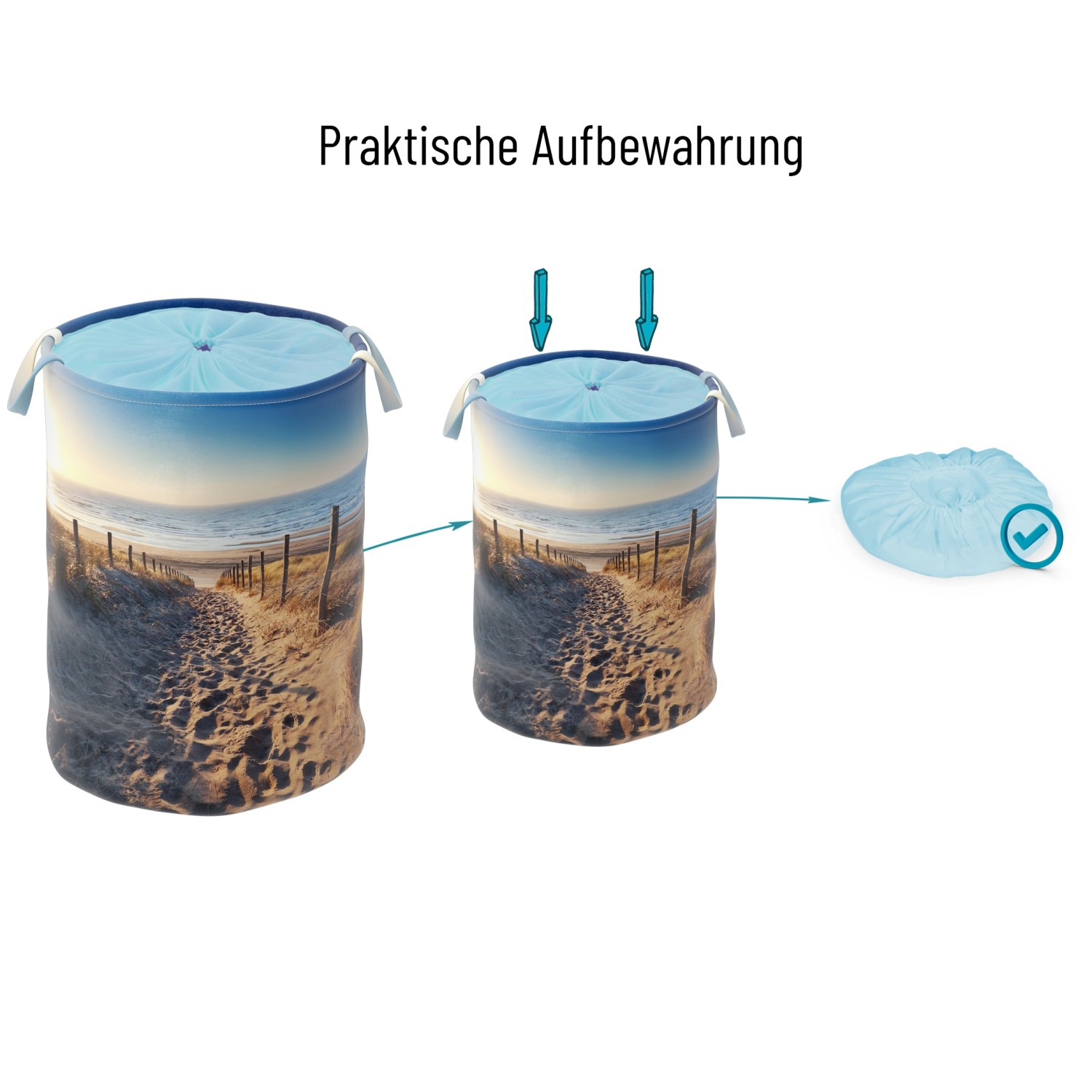 SANILO Wäschekorb Düne, faltbar mit Strandmotiv und Deckel, platzsparende Aufbewahrung.