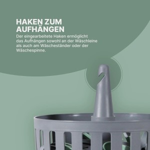 Detailaufnahme: Korb der ProHome Wäscheklammern mit integriertem Aufhängehaken.