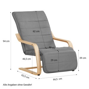 Grauer Homestyle4u Relaxsessel mit verstellbarer Fußstütze und hellem Holzgestell, Seitenansicht mit Maßen.