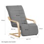 Grauer Homestyle4u Relaxsessel mit verstellbarer Fußstütze und hellem Holzgestell, Seitenansicht mit Maßen.