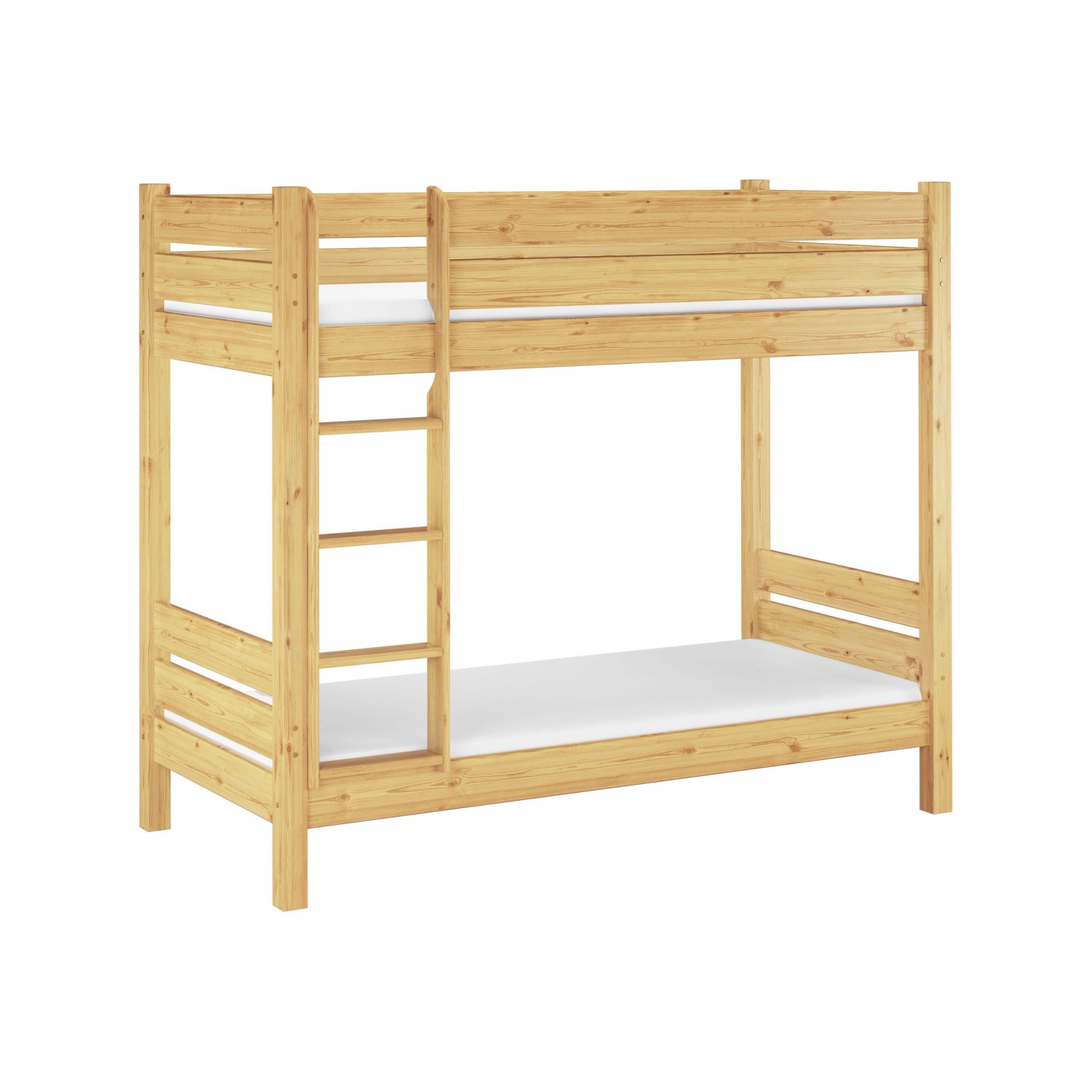 Stabiles Etagenbett aus Kiefer Massivholz mit Leiter und Rollrost, 90x200 cm.