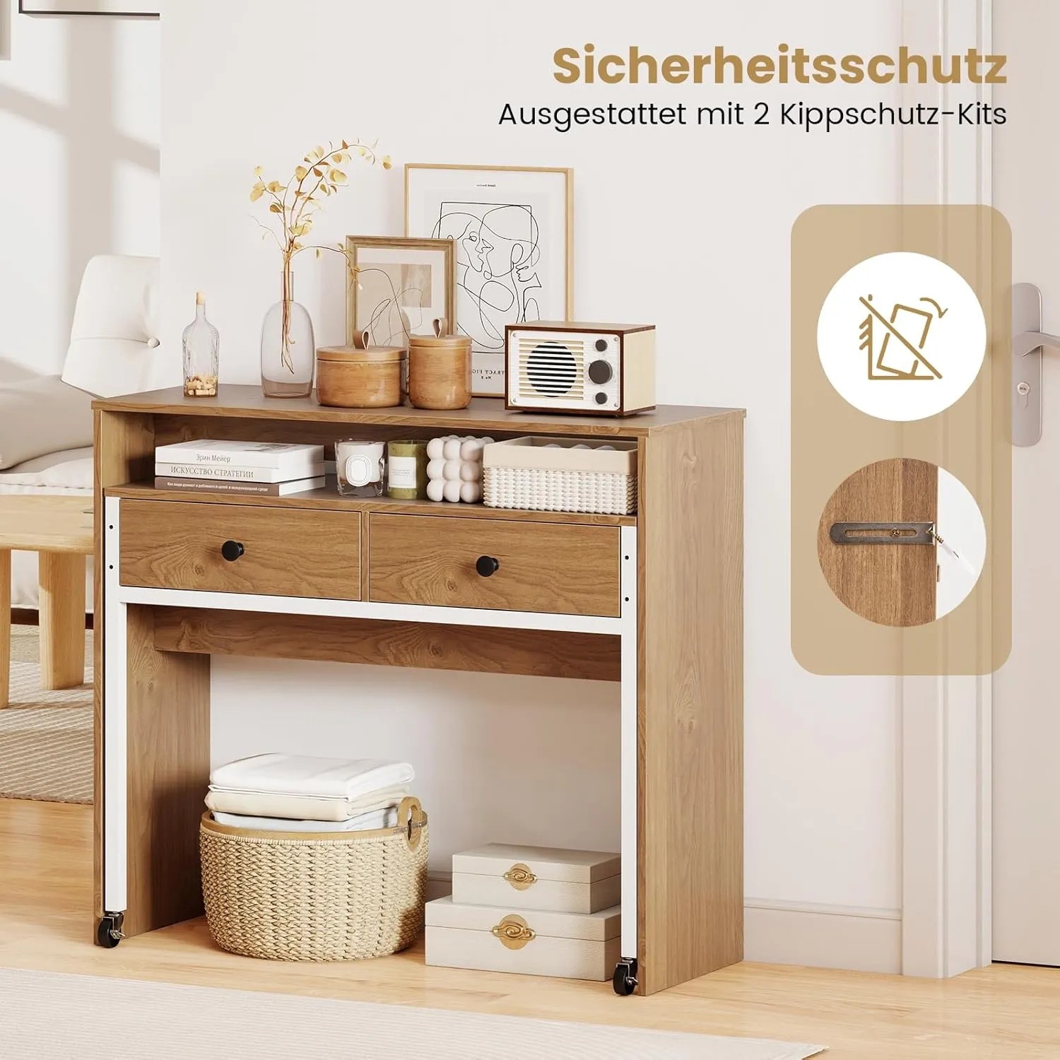 Costway Schreibtisch, ausziehbar, Naturholz mit Metallrahmen und Schubladen. Platzsparender Computertisch.