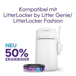 LitterLocker Nachfüllkassette neben Litter Genie Eimer. Für geruchsfreie Katzenklos.