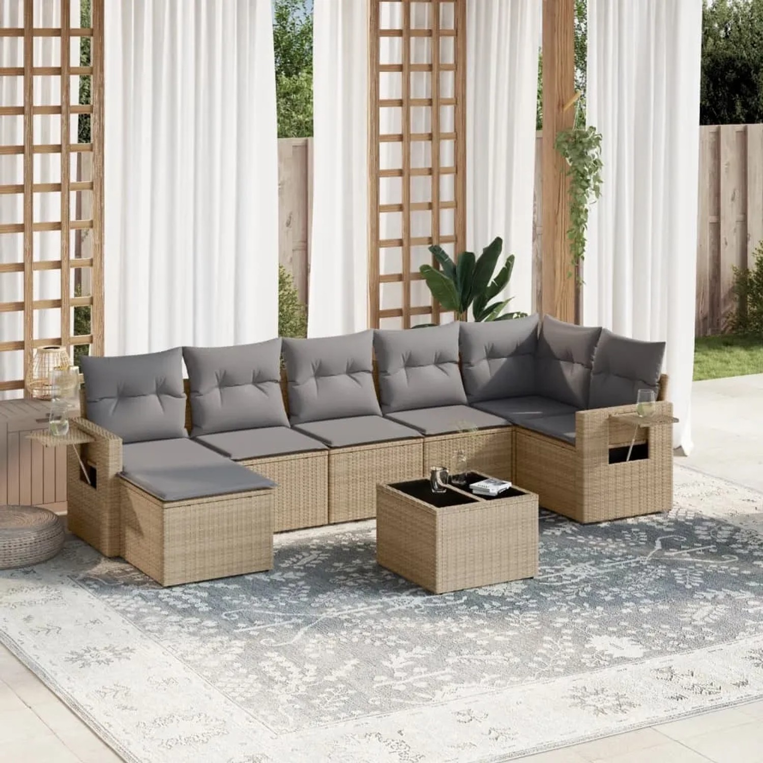 Beige 8-tlg. vidaXL Garten-Sofagarnitur aus Poly Rattan mit grauen Kissen.