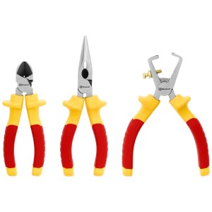 Einhell Elektriker-Zangen-Set, 3-teilig: Seitenschneider, Spitzzange, Abisolierzange mit rot-gelben Griffen.