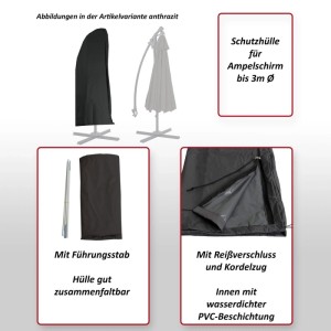Anthrazitfarbene Schutzhülle für Ampelschirm bis 3m Ø mit Reißverschluss, Kordelzug und Führungsstab. Wasserdichte PVC-Beschichtung.