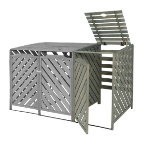 Graue MCW Mülltonnenbox Erweiterung J44 aus Holz, mit Tür und offenem Deckel.