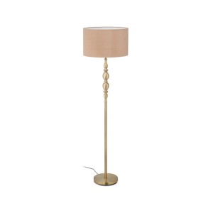 Elegante goldene Stehlampe mit beigem Stoffschirm und kunstvoll geformtem Eisengestell für stimmungsvolles Licht.