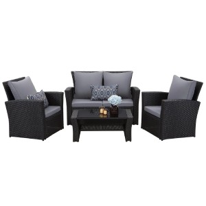 Schwarzes MeXo Polyrattan Balkonmöbel Set für 4 Personen mit Tisch und grauen Kissen.