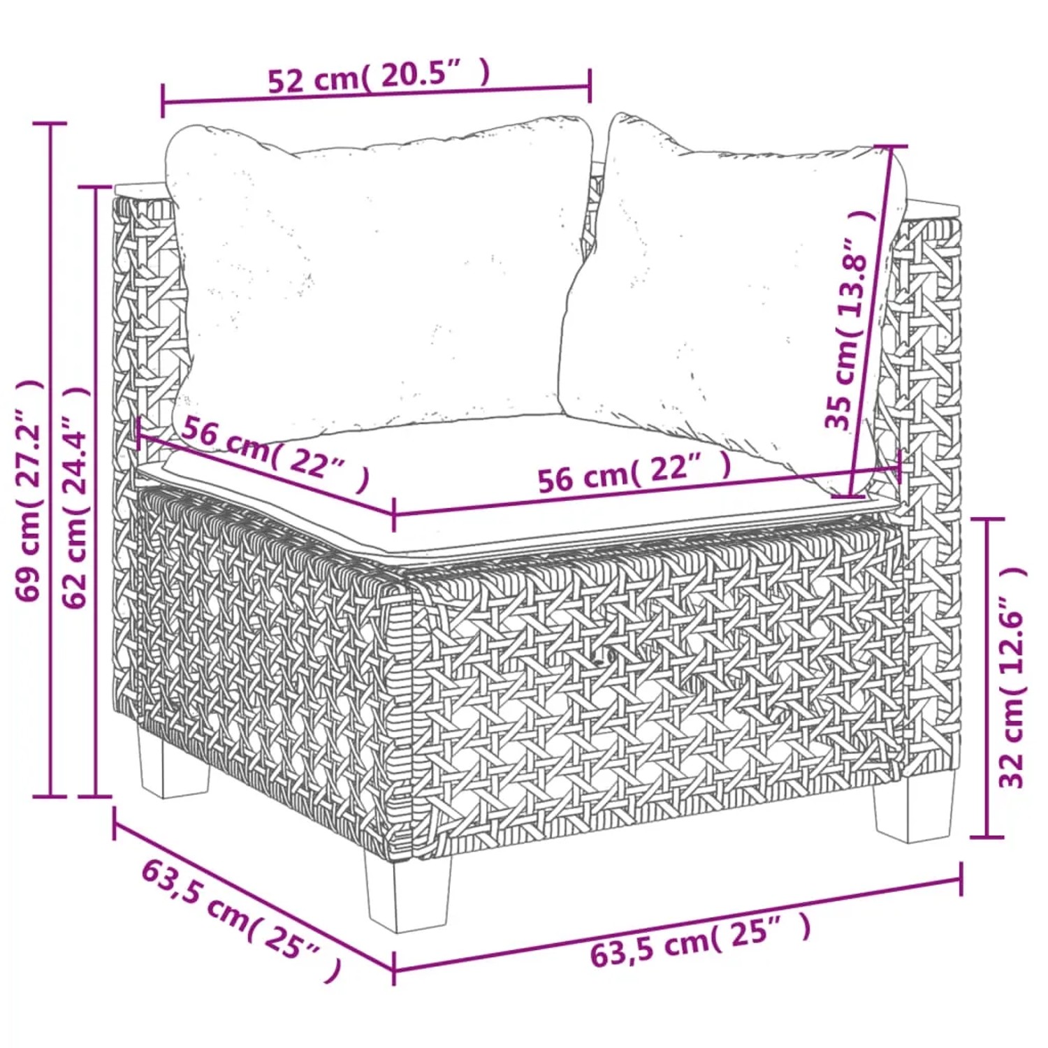 vidaXL Garten-Sofagarnitur, 5-teilig, schwarz, Poly Rattan, mit Kissen. Detailaufnahme der Maße.