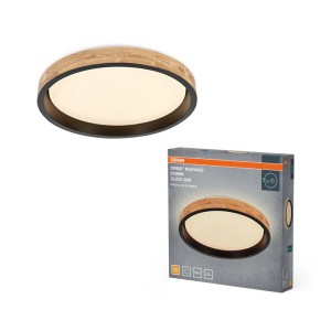 Osram LED-Deckenleuchte Orbis Mariano, rund, mit Holz-Ring und schwarzem Gehäuse. Click-Dim Funktion.