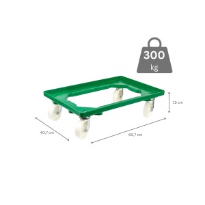 Grüner PROREGAL Transportroller für Euroboxen, 60x40 cm, mit 4 Kunststoffrädern und 300 kg Traglast.