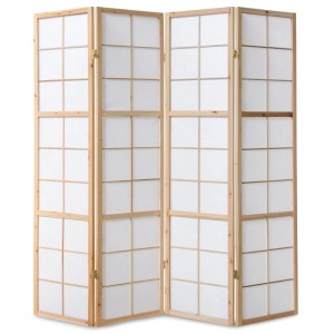 Homestyle4u 4-teiliger Paravent Shoji in Braun, Holzrahmen mit weißem Reispapier, als Raumteiler.