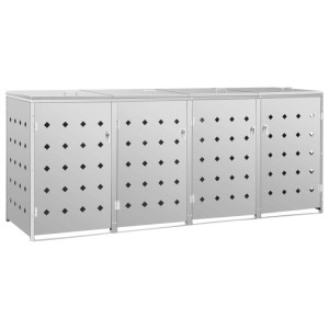 Silberne DELUKE Edelstahl Mülltonnenbox für 4 Tonnen 240L. Mülltonnenverkleidung mit perforiertem Design für den Garten.