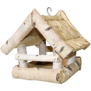 Vogelfutterhaus aus Birke mit Strohdach, 19x19 cm, zum Aufhängen.