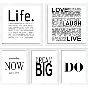 5er-Set Bilder mit Rahmen Anonymus Dream Big, 54x54cm, mit Schriftzügen wie Life, Love, Dream Big.