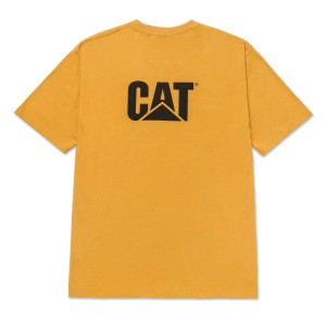 Gelbes Caterpillar Trademark T-Shirt, Größe M, mit schwarzem CAT Logo auf dem Rücken. Strapazierfähige Arbeitskleidung.