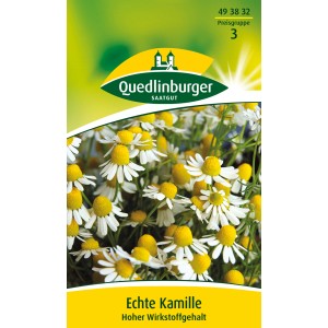 Packung Quedlinburger Echte Kamille 'Bodegold' mit weißen Blüten und gelber Mitte.
