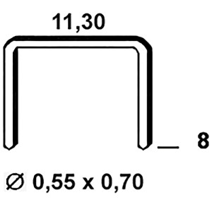Alsafix Tackerklammer Typ 53, verzinkt, 8mm Länge, 11,3mm Rückenbreite. Technische Zeichnung mit Drahtmaß.