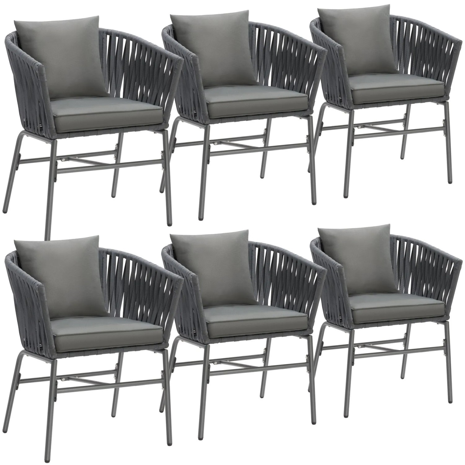 Tectake Stuhlset Valeiras Geflecht Im Rope Design Dicke Der Sitzpolster 7 cm 6Er Set 61 x 60 x 77 cm Dunkelgrau Dunkelgrau