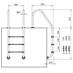 Technische Zeichnung: Poolomio Poolleiter, Edelstahl, 4-stufig, Maße und Details.