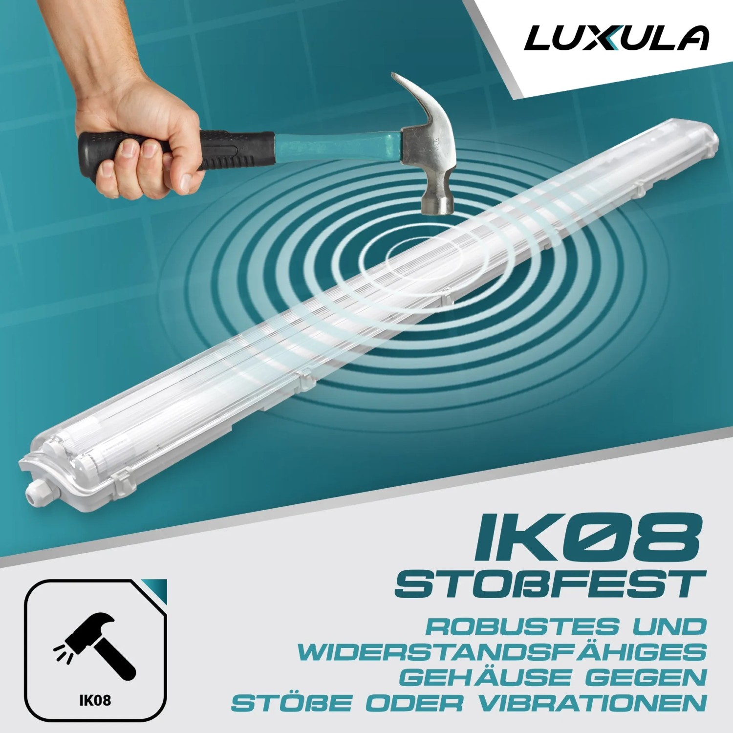 Schlagfeste LUXULA LED Feuchtraum Wannenleuchte mit Hammer, ideal für Werkstatt & Garage.