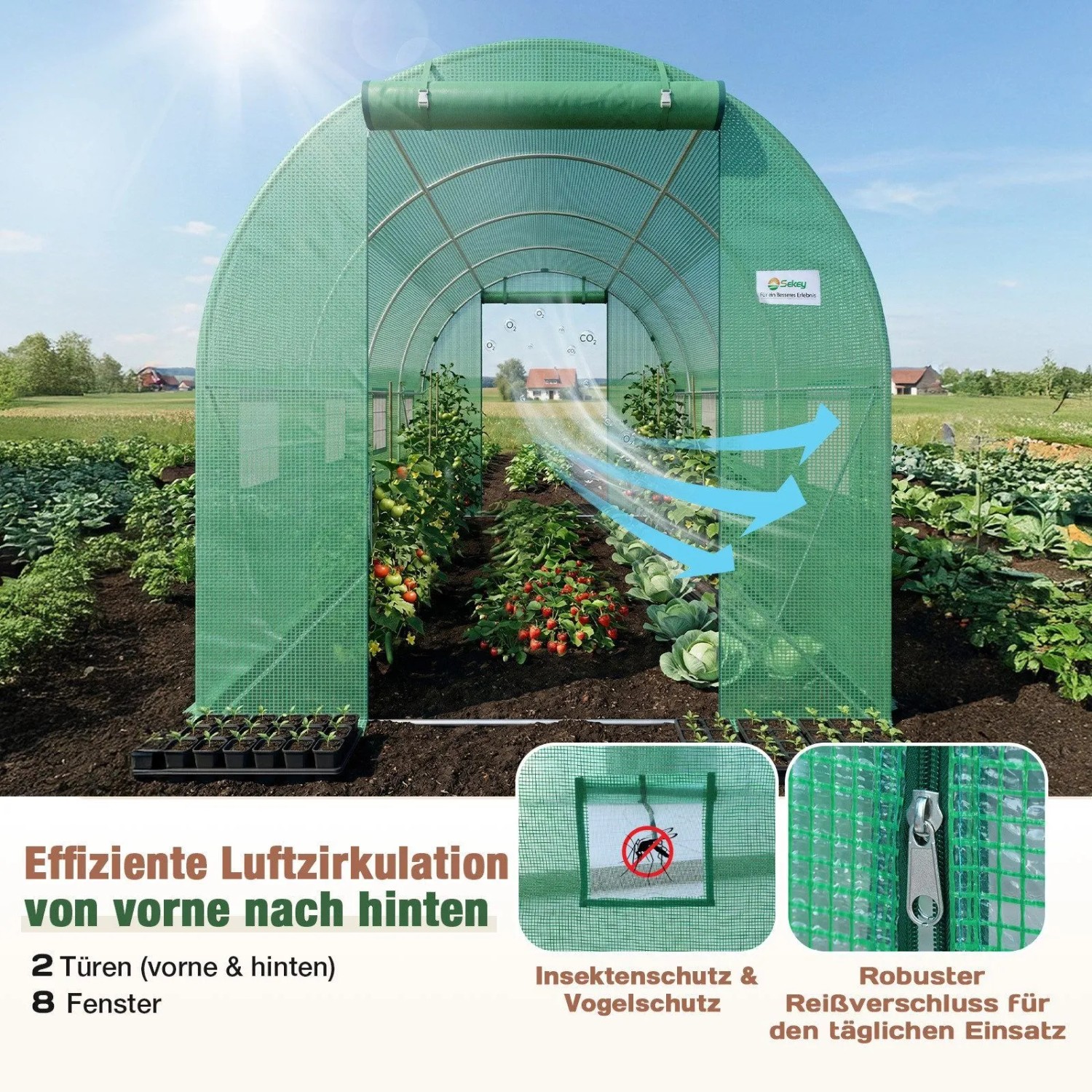 Grüne Sekey Foliengewächshaus Ersatzfolie 4x2x2m mit 8 Fenstern und Reißverschlusstüren für optimale Belüftung.