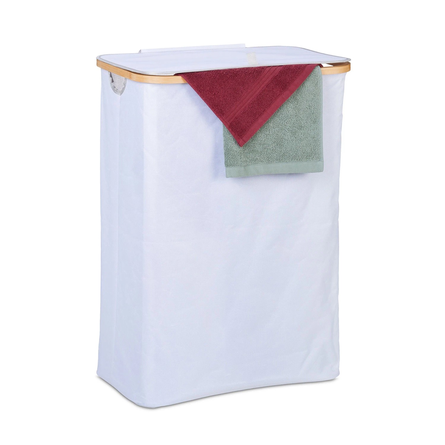 Relaxdays Wäschekorb Polyester Bambus Weiß Natur mit Deckel Faltbar 105, 75 cm x 54 cm x 34 cm 1,3 kg