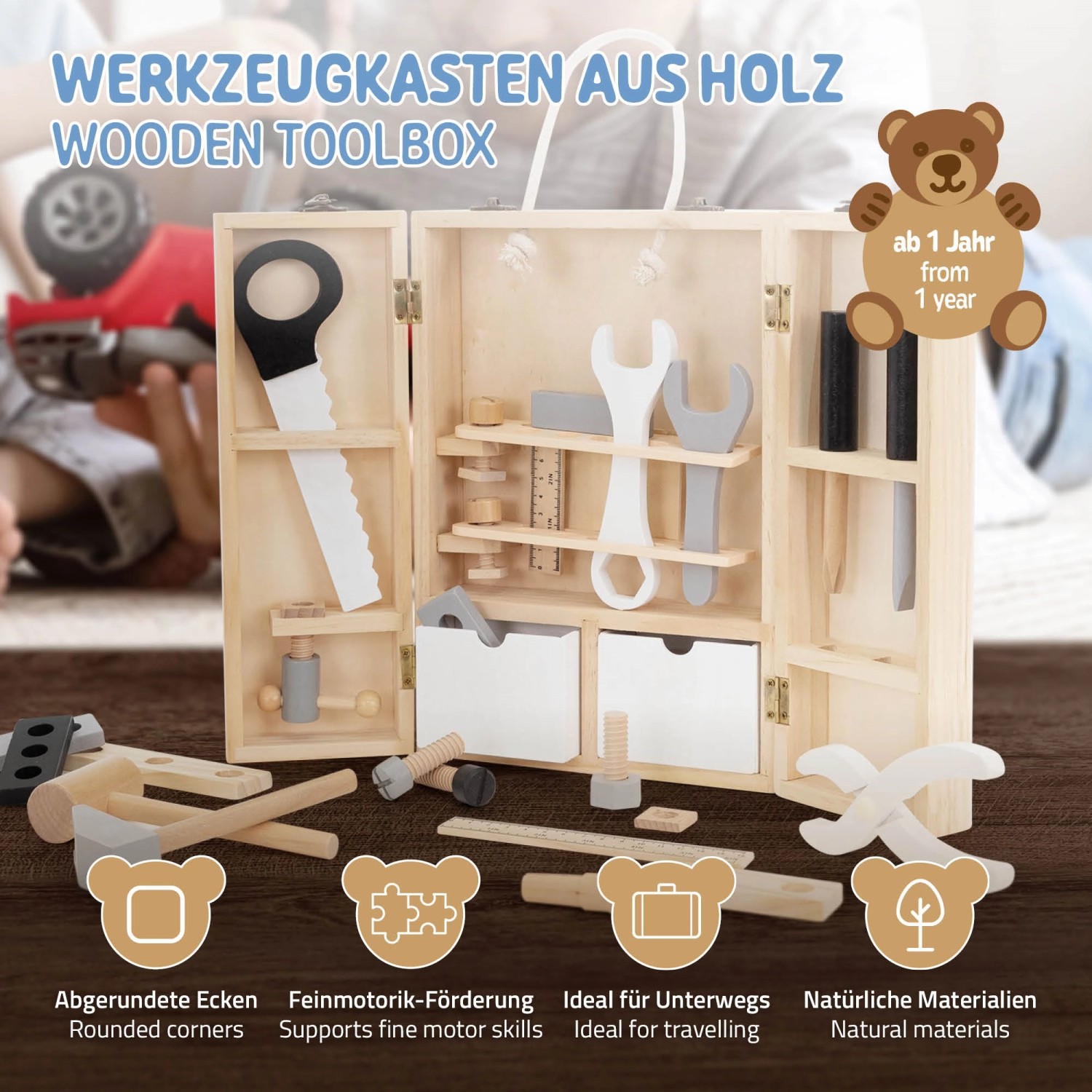 Joyz Werkzeugkasten für Kinder mit 8 Werkzeugen aus Holz, geöffnet. Spielzeug für Rollenspiele.