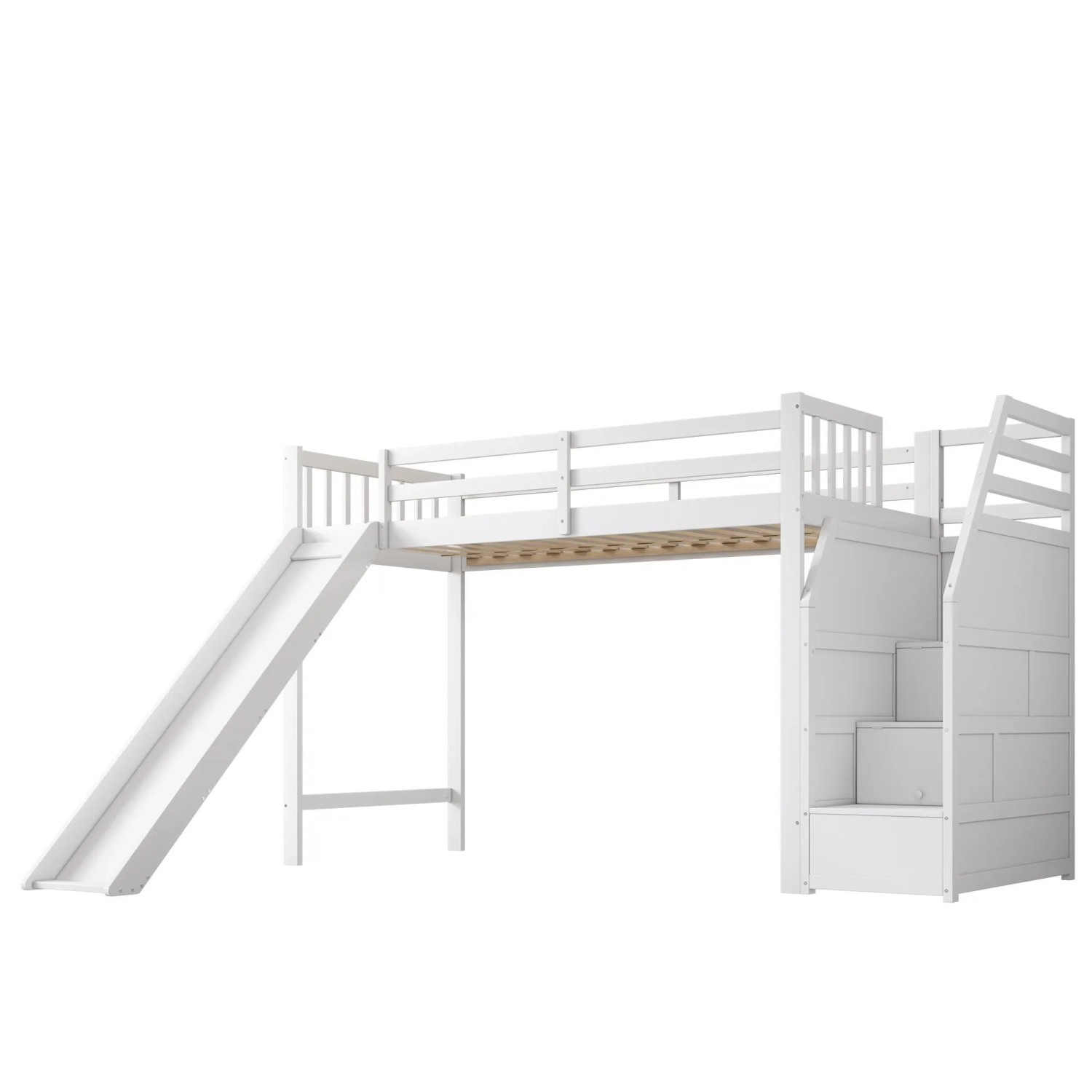 okwish Kinder Hochbett 90x200cm mit Rutsche und Ablageleiter Weiß ohne Matratze