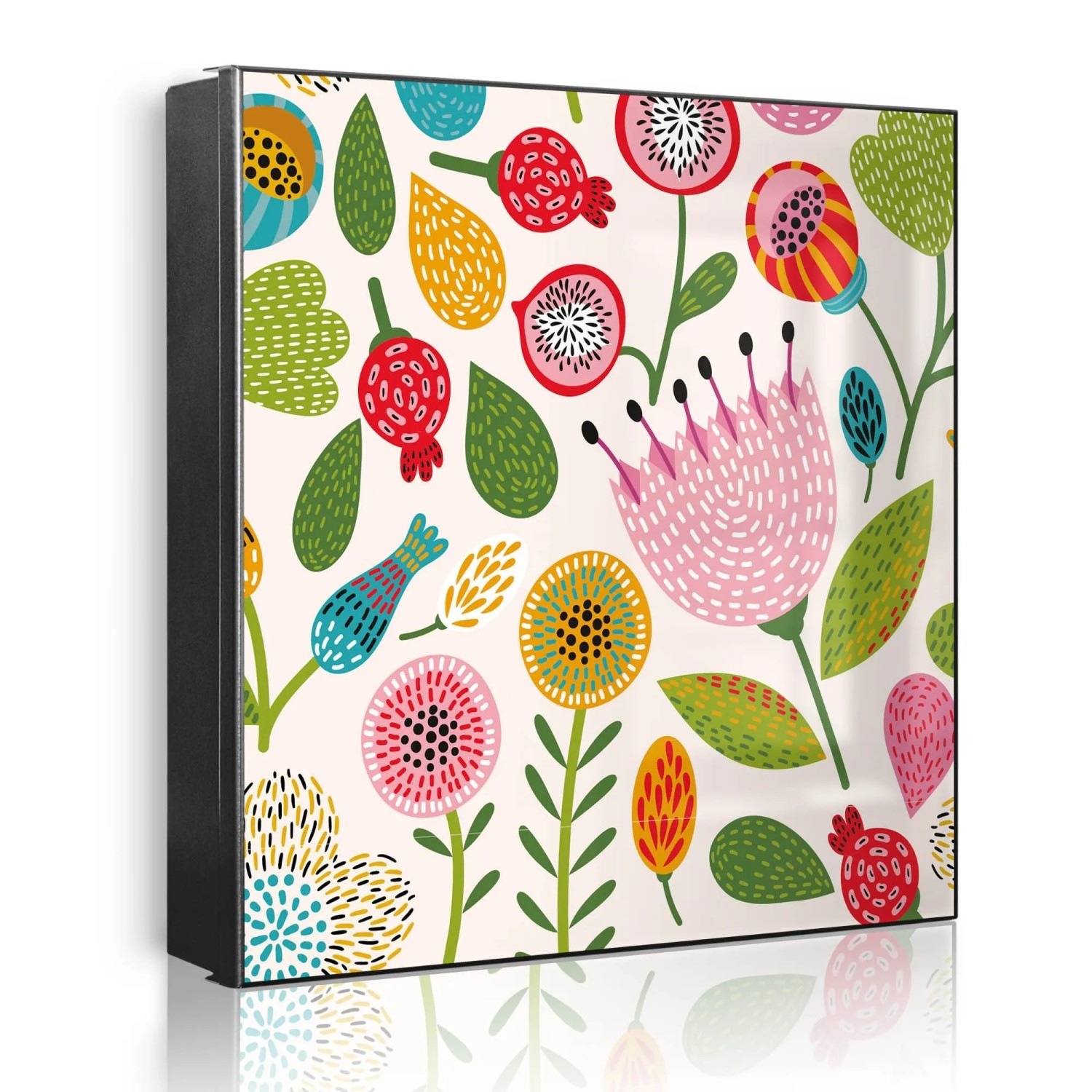 Banjado Großer Schlüsselkasten Metall 30x30cm Schwarz Scharnier Links 50 Haken Beschreibbar Magnetisch Motiv Blumen Naiv