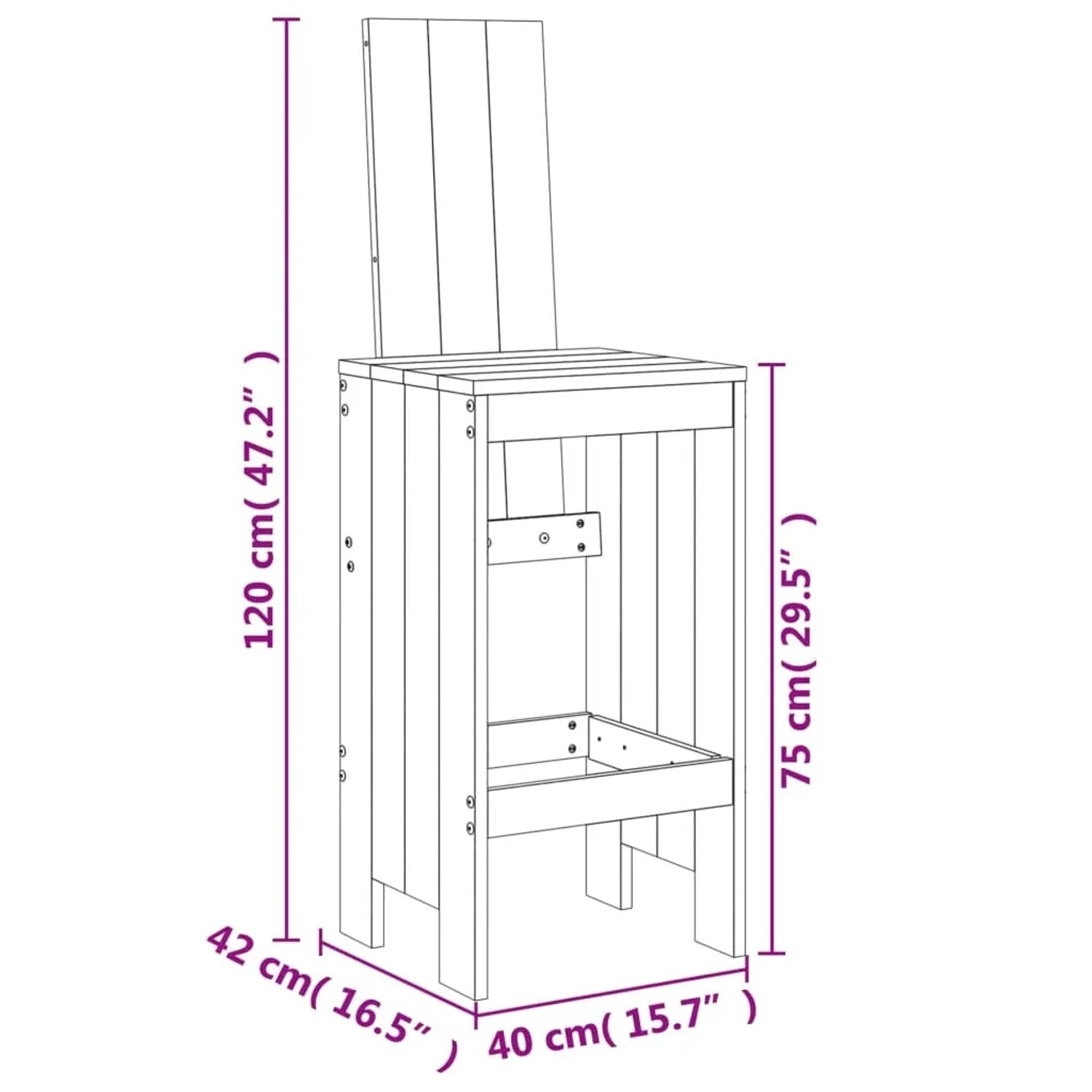 vidaXL Gartenbar-Set, 5-teilig, weißes Kiefernholz, Modell 6: Barhocker mit Maßen.