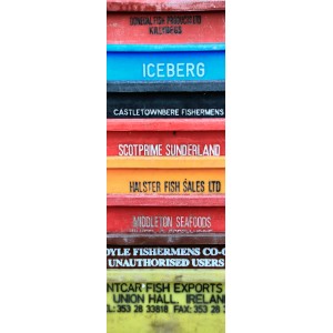Komar Fototapete Vlies Cargo, 100x280cm, mit bunten Fischkisten-Motiv.
