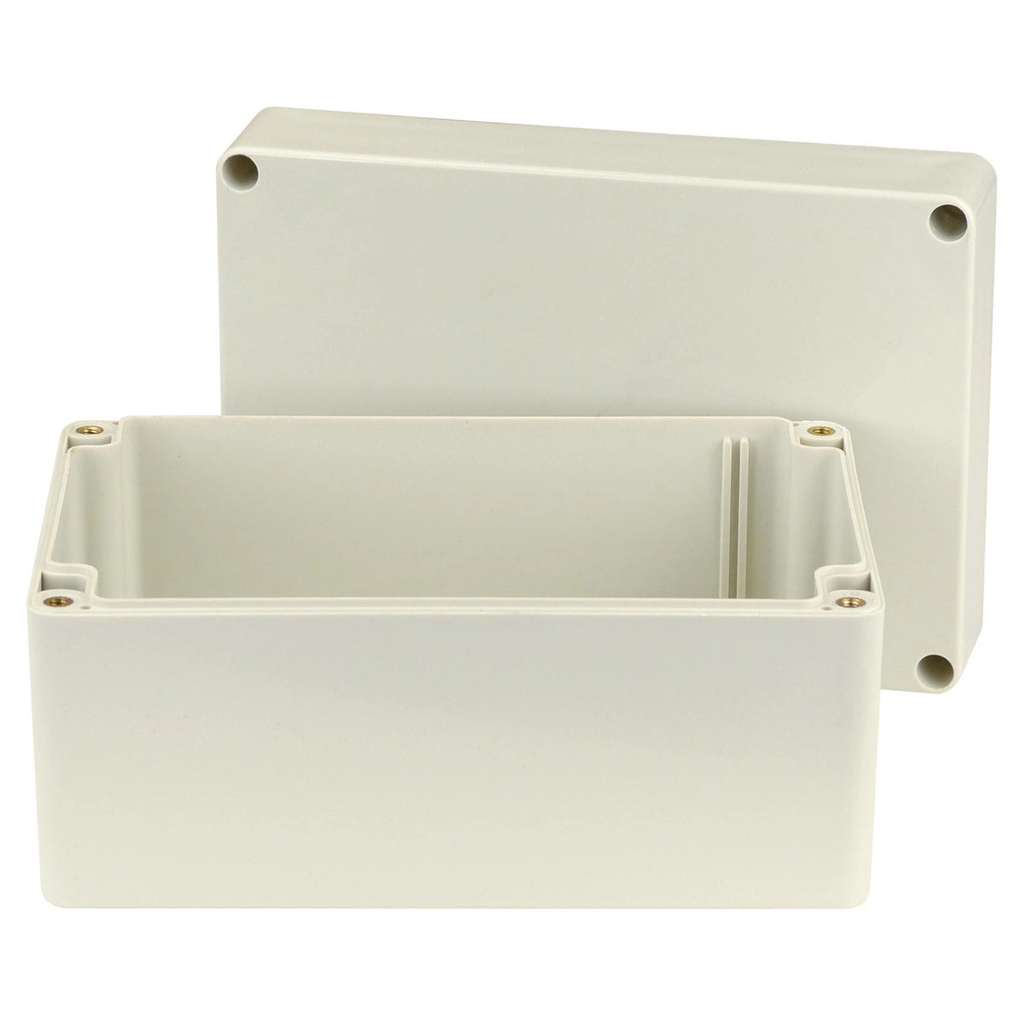 Lichtgraues Blanko Modulgehäuse IP65, 160x110x90mm, aus robustem ABS-Kunststoff für Elektroinstallation.