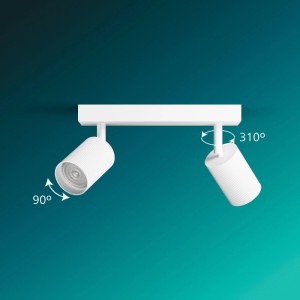 Weißer Wyatt LED-Spot mit zwei zylindrischen, schwenkbaren Köpfen. 90° neigbar, 310° drehbar. Für Wand/Decke.