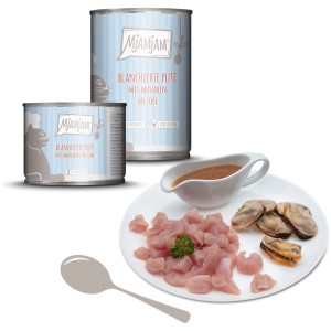 Mjamjam Katzen-Nassfutter mit Pute und Muscheln in Soße, 185g Dose.