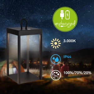 Schwarze Brilo LED Laterne Luca, dimmbar, IP44, für den Tisch oder zum Aufhängen.