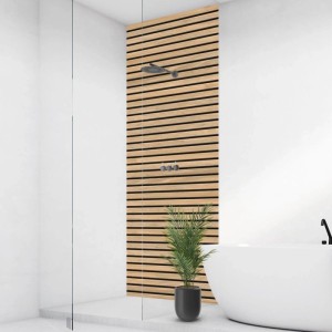 Walllux Duschrückwand Eiche Streifen im Bad. Modernes, kratzfestes Alu-Verbundpaneel für Dusche.