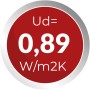 Symbol für Ud-Wert 0,89 W/m²K der Aluminium Haustür Moderno RC3 für optimale Wärmedämmung.