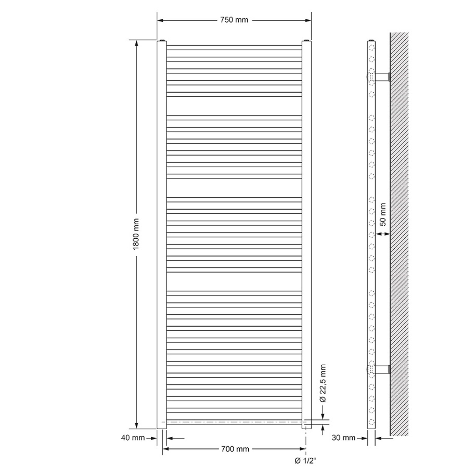 Technische Zeichnung: Weißer LuxeBath Badheizkörper Sahara, 750x1800 mm, Seitenanschluss.