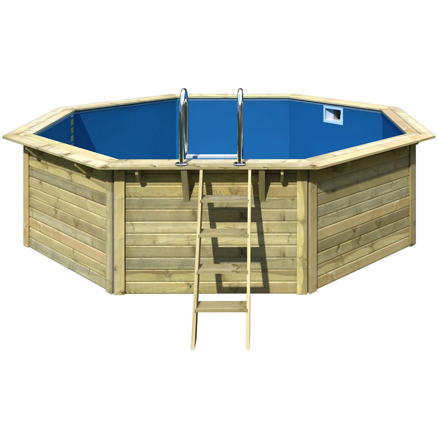 Karibu Holzpool Set mit Leiter und Filteranlage. Achtkant Pool mit blauer Innenfolie.