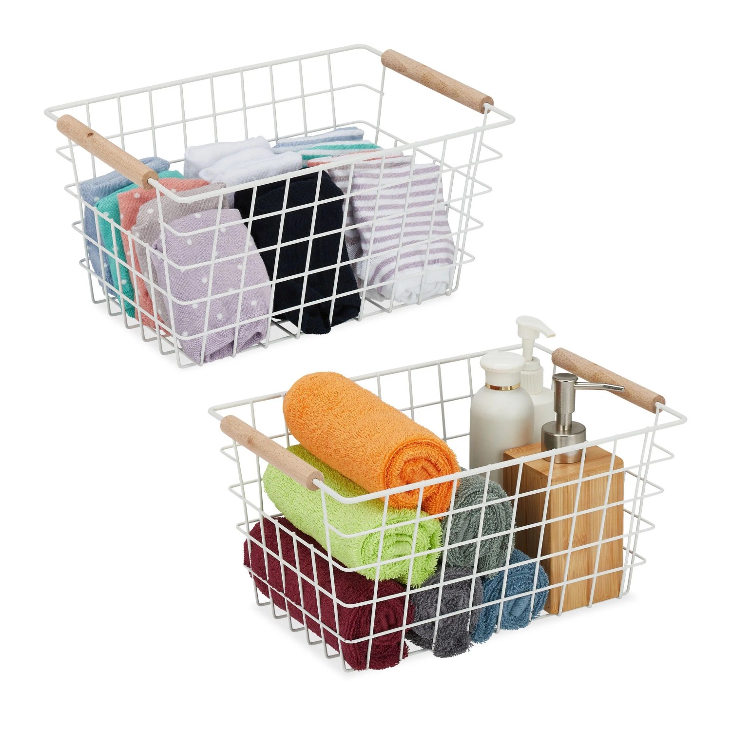 Relaxdays Drahtkorb Metall Weiß 2er Set mit Holzgriffen 16 cm x 31 cm x 21 cm