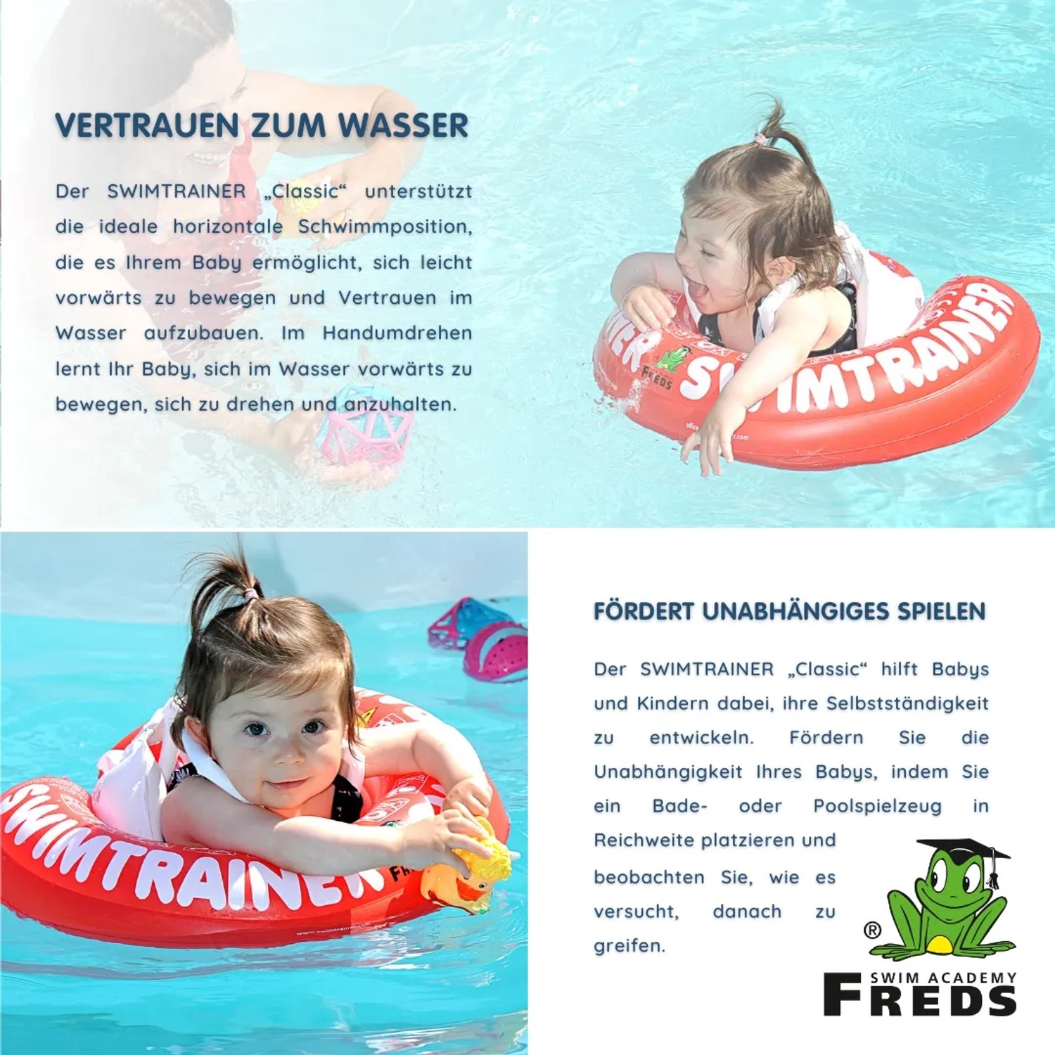 Kind mit rotem Freds Swim Academy Schwimmreifen Classic im Wasser.