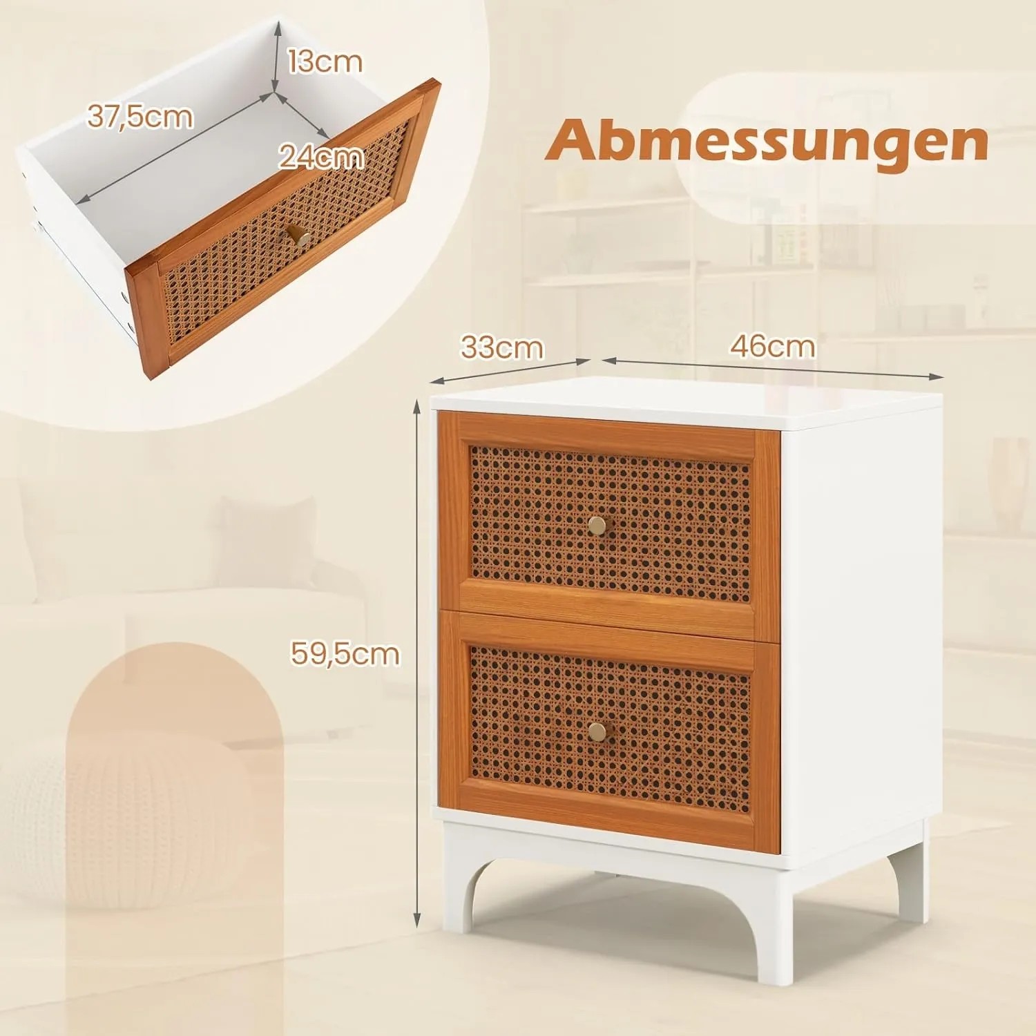 Weißer Costway Nachttisch mit 2 Schubladen, Rattanfronten und goldenen Griffen. Moderner Nachtschrank mit Holzbeinen.