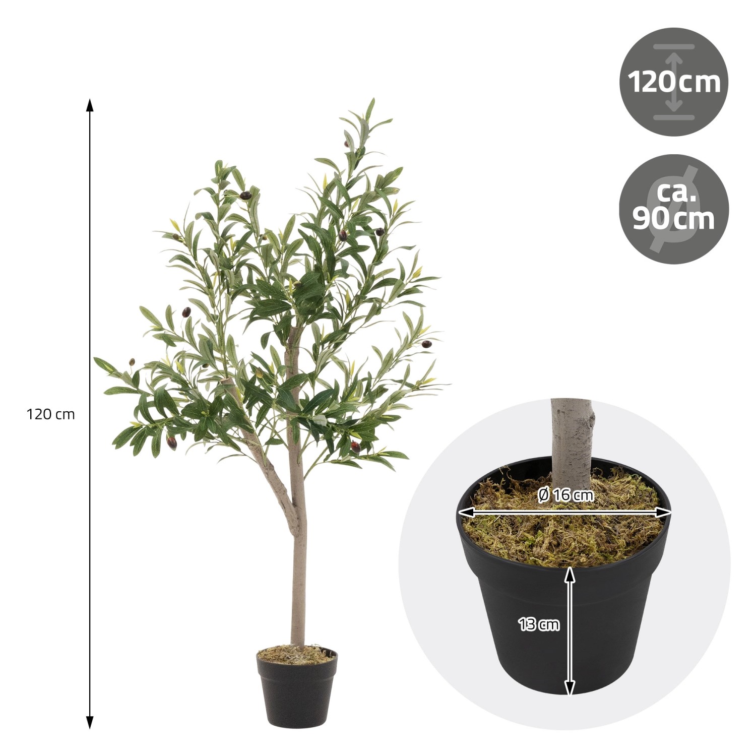 ML-Design künstlicher Olivenbaum, 120 cm hoch, mit Topf und Naturholzstamm.